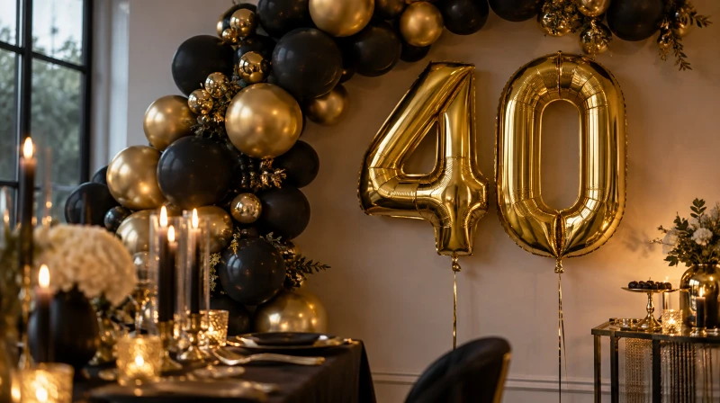 40th birthday decorations with a black and gold balloon garland and a 40 balloon