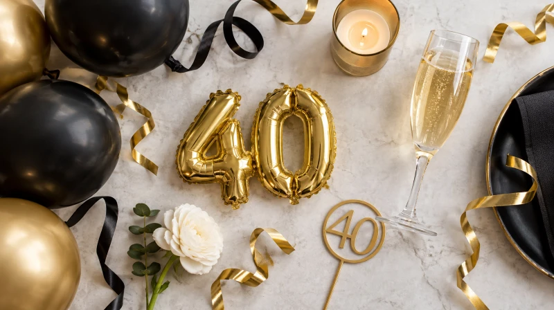 A 40th birthday party color palette in black and gold with a number 40 balloon