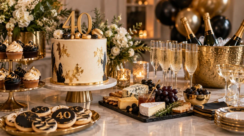 A 40th birthday dessert and drinks table with a gold cake and a bubbly bar