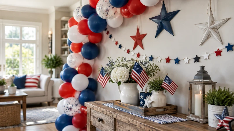4th of July decorations with a red white and blue balloon garland and stars