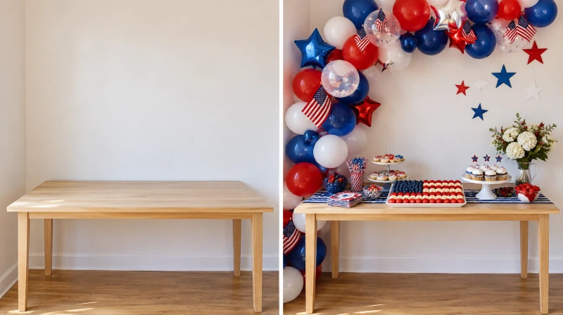 Before and after of a plain corner styled for a 4th of July party