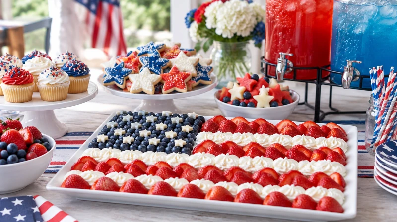 A 4th of July food table with a flag fruit tray and red white and blue treats