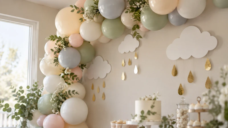 Baby sprinkle decorations with a pastel garland, clouds, and raindrops