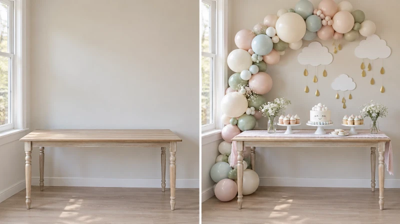 Before and after of a plain corner styled for a baby sprinkle