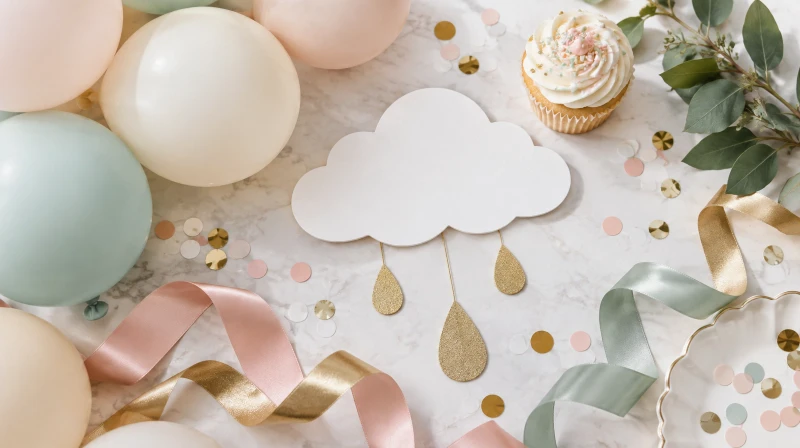 A baby sprinkle color palette in pastels, cream, and gold