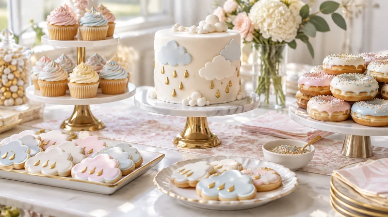 A baby sprinkle dessert table with a cloud cake and sprinkle treats