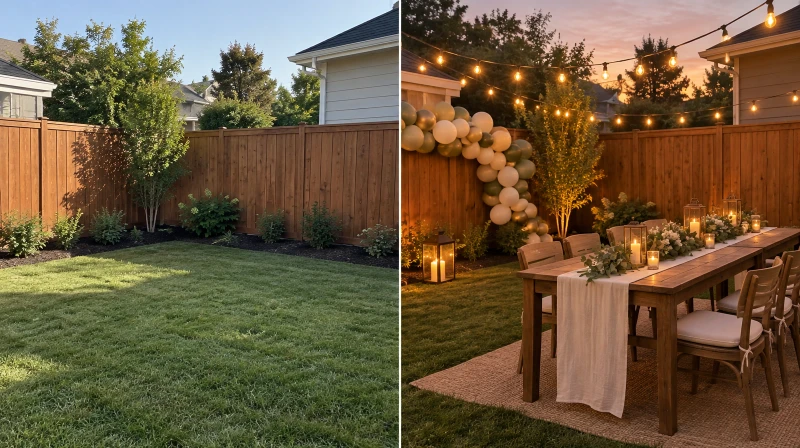 Before and after of a plain backyard corner styled for a party