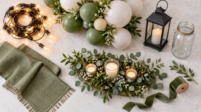A backyard party color palette in warm white, sage green, natural wood, and earth tones