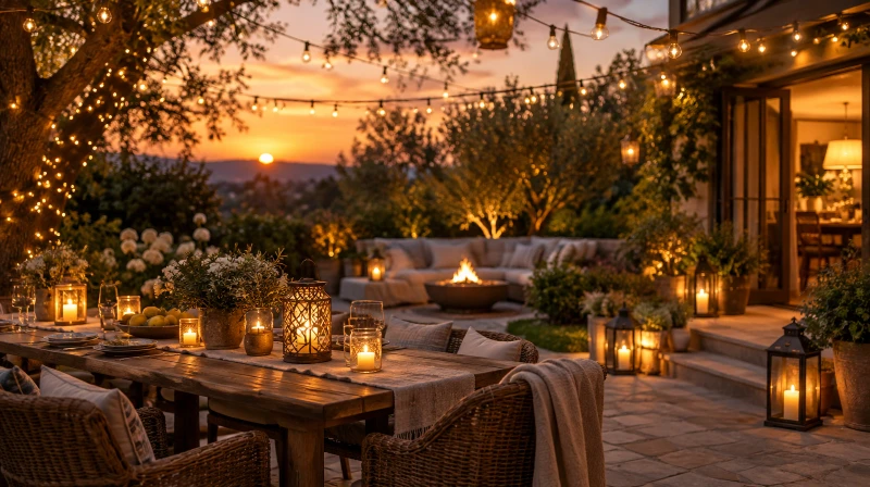 A backyard party lit with overhead string lights and lanterns at dusk