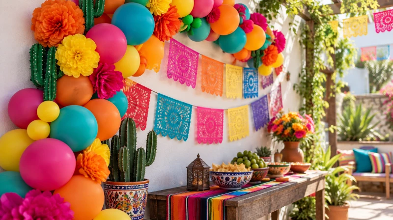 Cinco de Mayo decorations with a bright balloon garland and papel picado banners