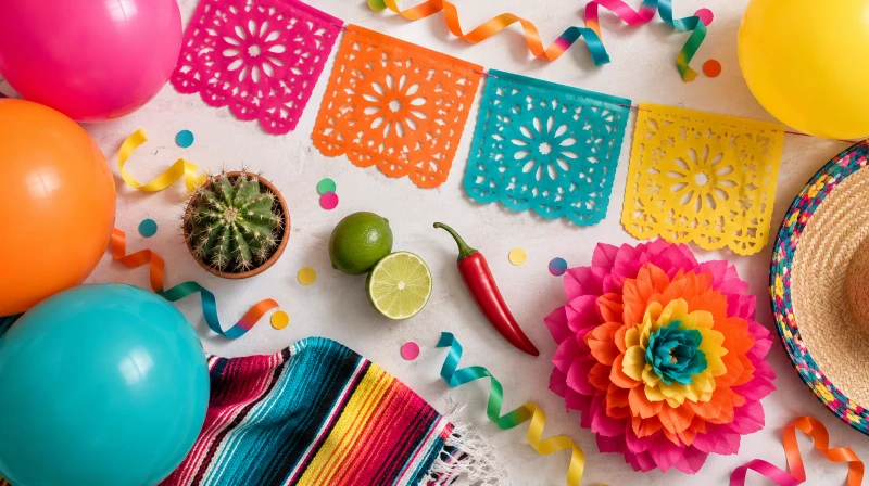 Cinco de Mayo party color palette showing hot pink, tangerine orange, teal, and lime green