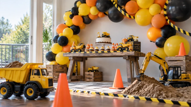 Construction birthday decorations with a yellow balloon garland, trucks, and cones