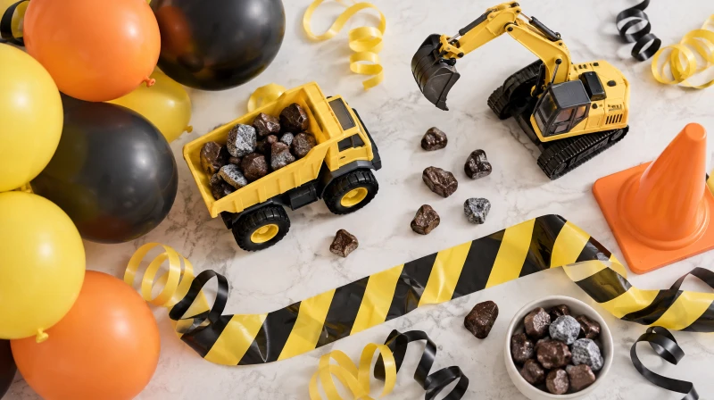 A construction birthday party color palette in yellow, black, orange, and gray
