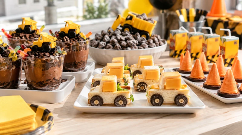 A construction party food table with dirt cups, gravel snacks, and truck sandwiches