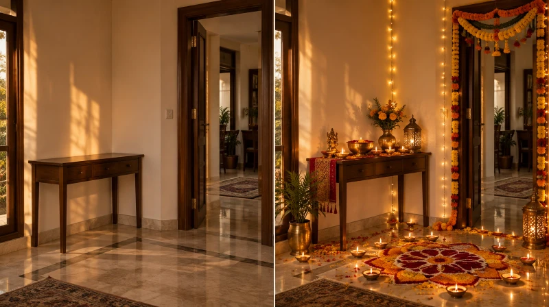 Before and after of a plain corner styled with warm Diwali decorations
