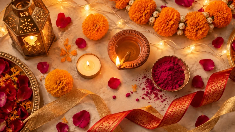 A Diwali party decoration color palette in gold, marigold, red, and deep pink