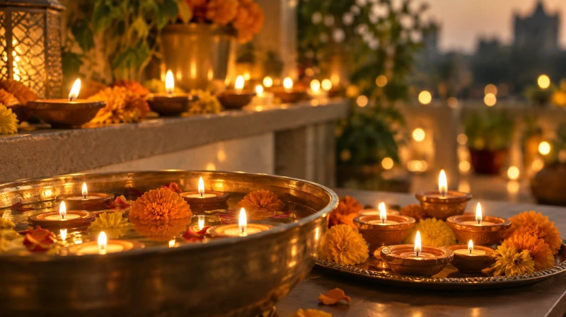 Rows of glowing diyas and candles for Diwali