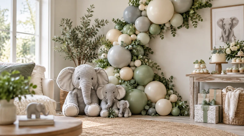 Elephant baby shower decorations with a gray balloon garland and plush elephants