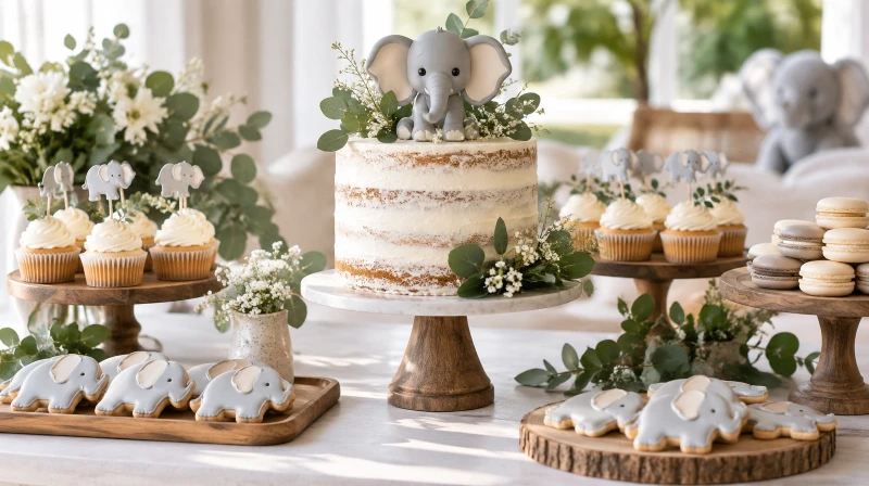 An elephant baby shower dessert table with an elephant cake and neutral treats
