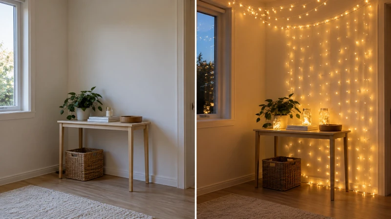 Before and after of a plain corner lit up with warm fairy lights