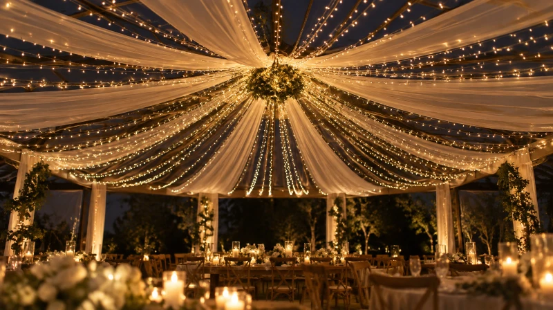 A fairy light ceiling canopy gathered to a central point