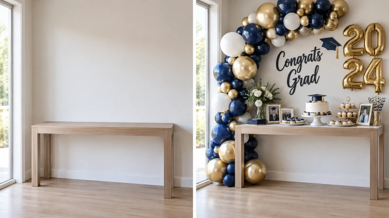 Before and after of a plain corner styled for a graduation party