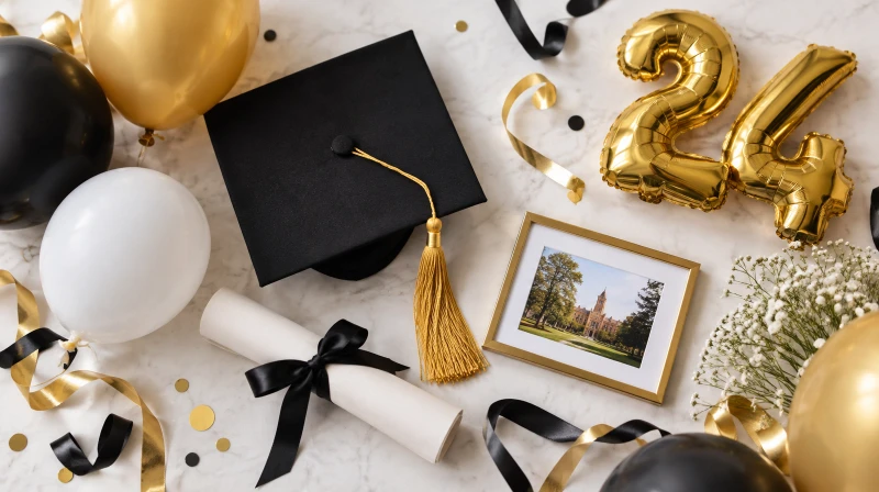 Graduation party decorations in school colors with balloons and gold accents