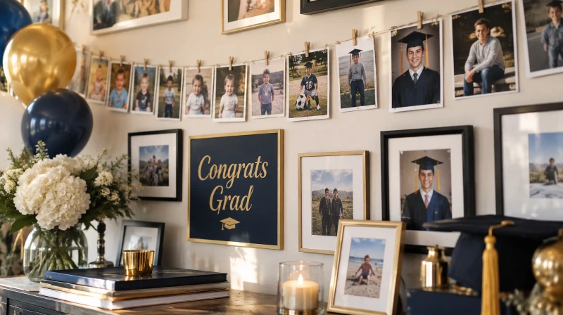 A graduation party photo and memory wall with pictures and a congrats sign