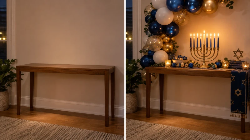 Before and after of a plain corner styled with warm Hanukkah decorations