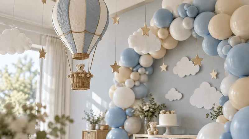 Hot air balloon baby shower decorations with a hanging balloon, clouds, and a garland