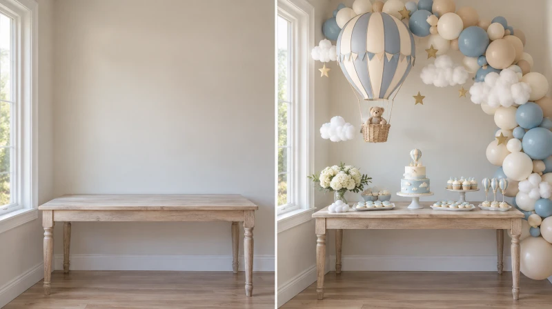Before and after of a plain corner styled for a hot air balloon baby shower