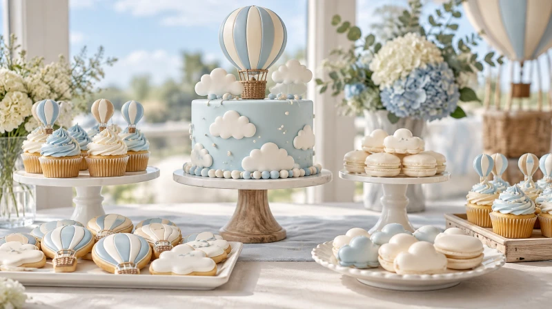 A hot air balloon baby shower dessert table with a balloon cake and cloud cookies