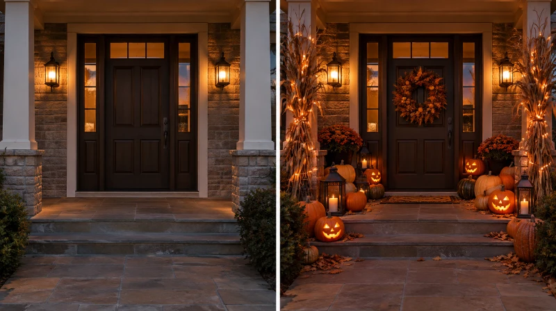 Before and after of a plain porch styled with outdoor Halloween decorations