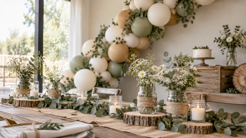 Rustic baby shower decorations with a cream garland, wood slices, and mason jars