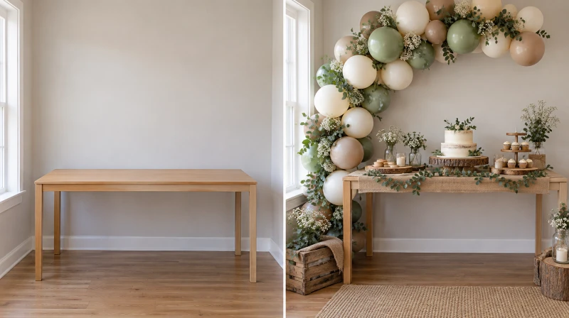Before and after of a plain corner styled for a rustic baby shower