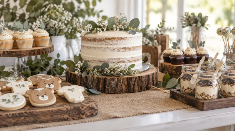 A rustic baby shower dessert table with a greenery cake on wood and mason jar treats