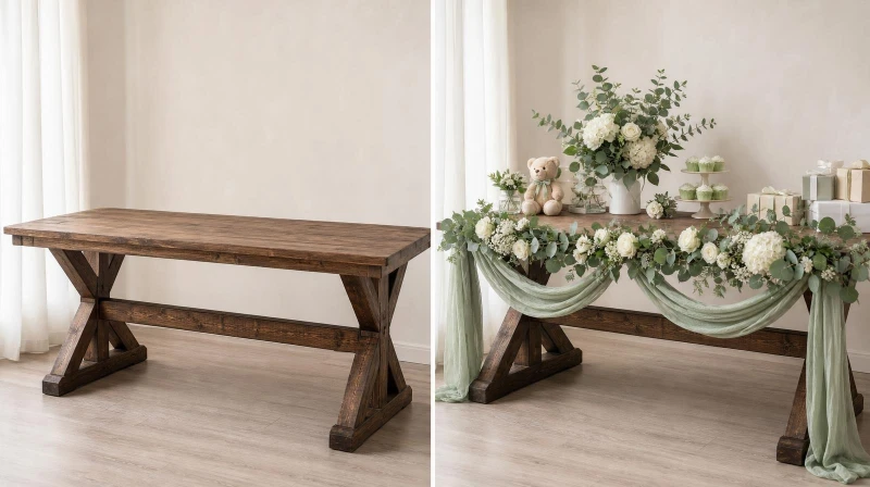 Before and after of a plain table styled into a sage green baby shower setup