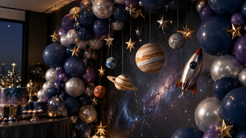 Space birthday decorations with a navy balloon garland, planets, and stars