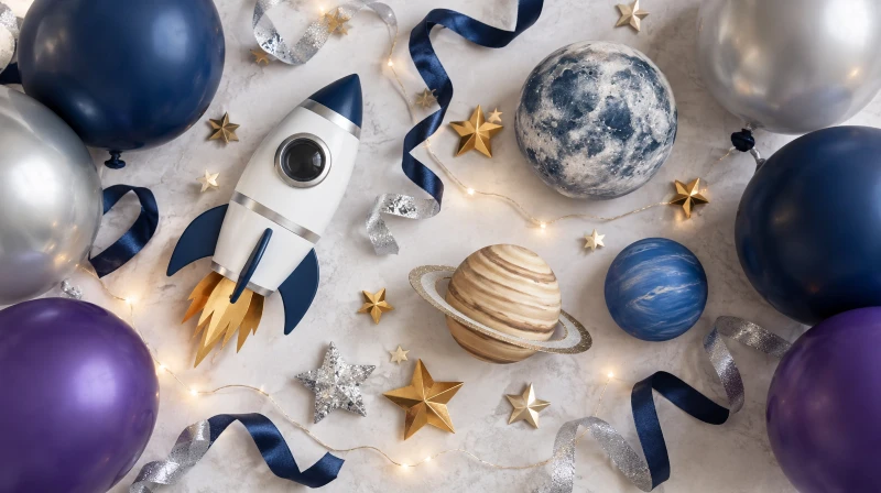 A space birthday party color palette in navy, purple, silver, and gold