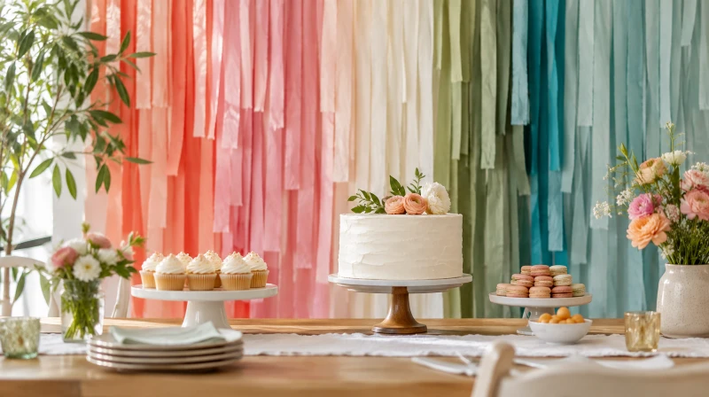A streamer fringe backdrop in layered colors behind a party table