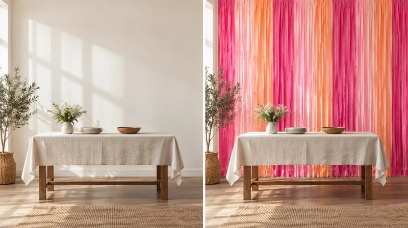Before and after of a plain wall turned into a streamer fringe backdrop
