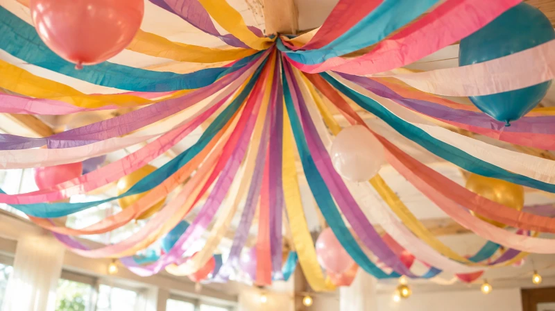 A colorful streamer ceiling canopy gathered to a central point