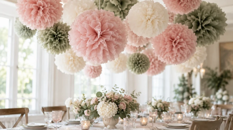 Tissue paper pom poms hanging in a cluster over a party table