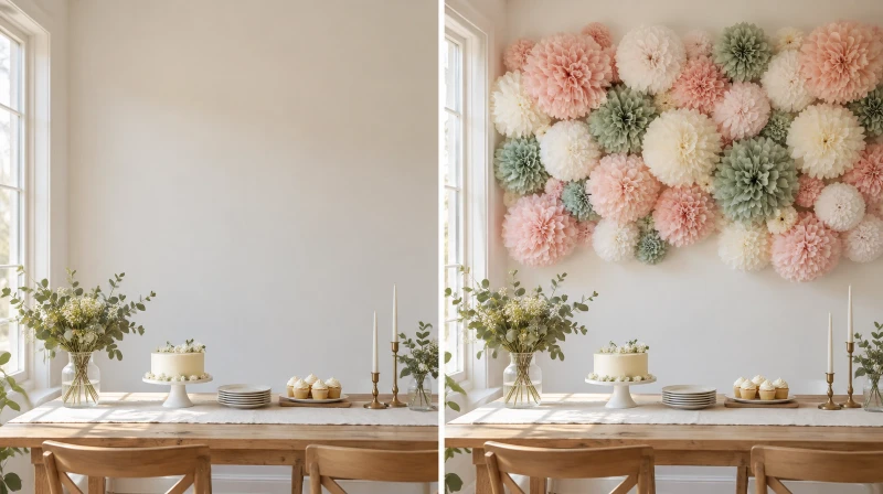 Before and after of a plain wall styled with a tissue paper pom pom cluster