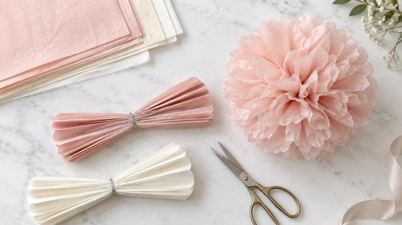 Tissue paper pom pom supplies including tissue sheets, wire, and scissors