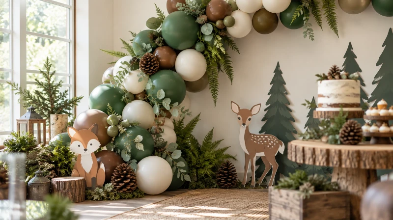 Woodland baby shower decorations with a green garland and forest animals