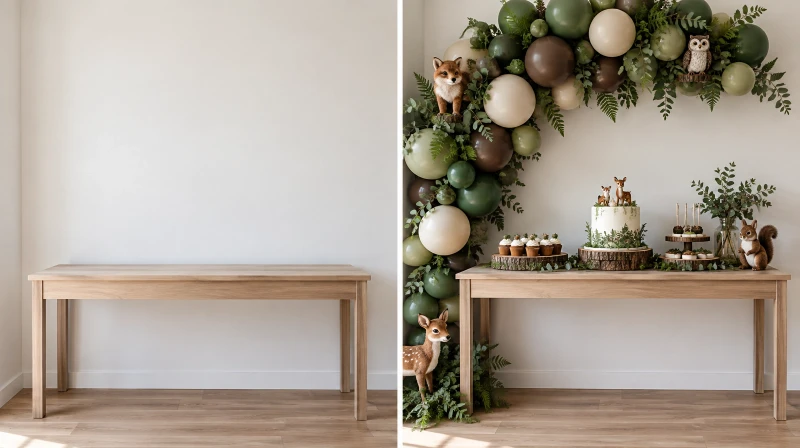 Before and after of a plain corner styled for a woodland baby shower