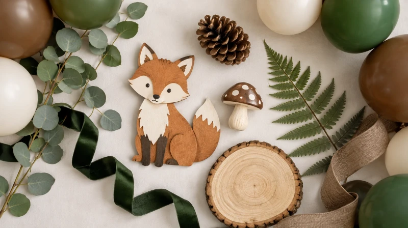 A woodland baby shower color palette in green, brown, rust, and cream