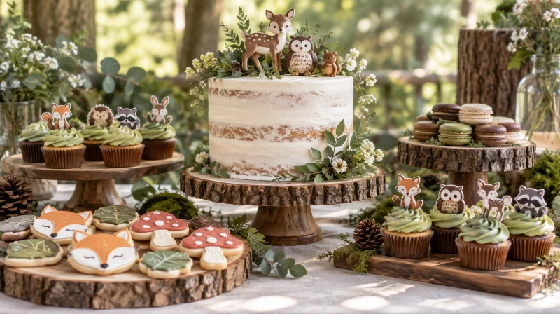 A woodland baby shower dessert table with a greenery cake and animal cookies