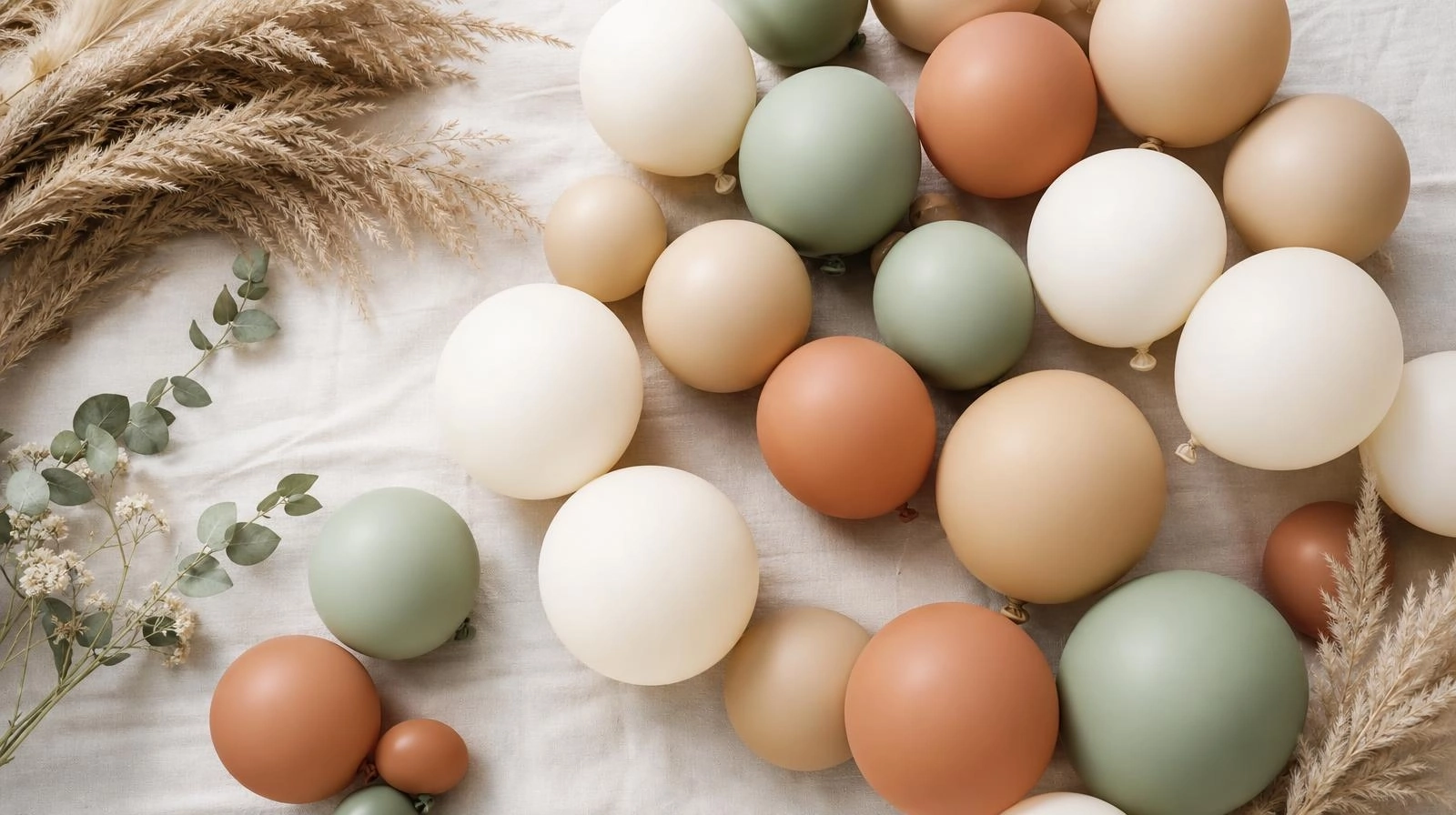 A flat-lay view of a boho neutral balloon color palette featuring deflated cream, sand, and sage balloons grouped together.